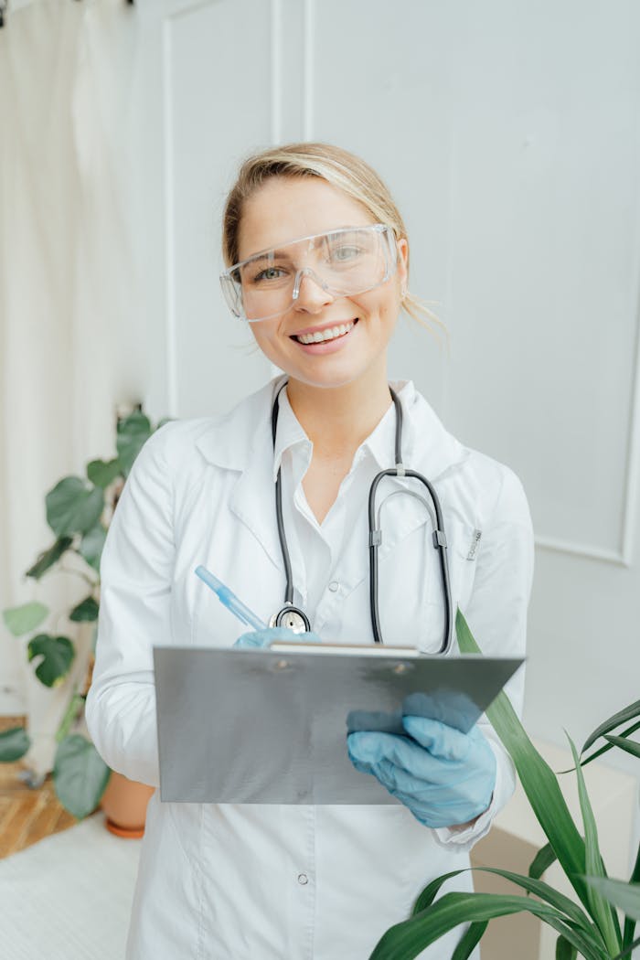 services-03 Confident female doctor with clipboard in a bright medical office.