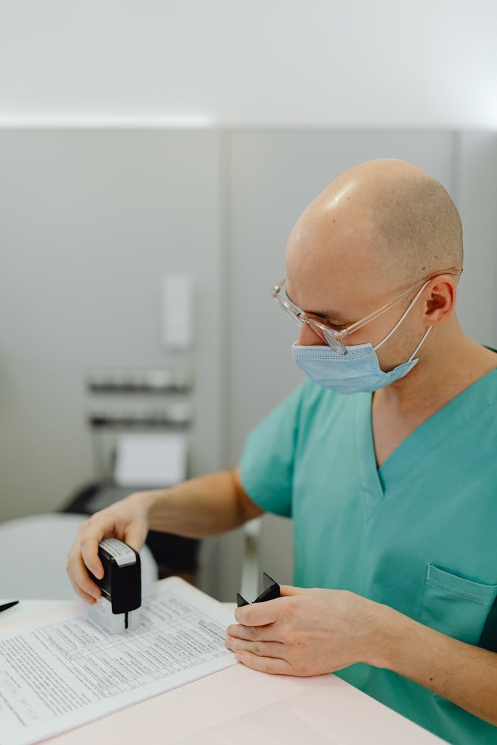 Healthcare professional wearing scrubs and mask reviewing documents at a desk indoors.